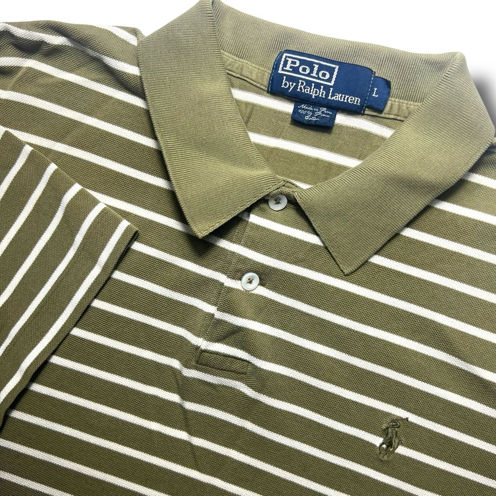 Polo Ralph Lauren Large Green Polo Striped‎ Cotton Long Tail Preppy Golf Shirt